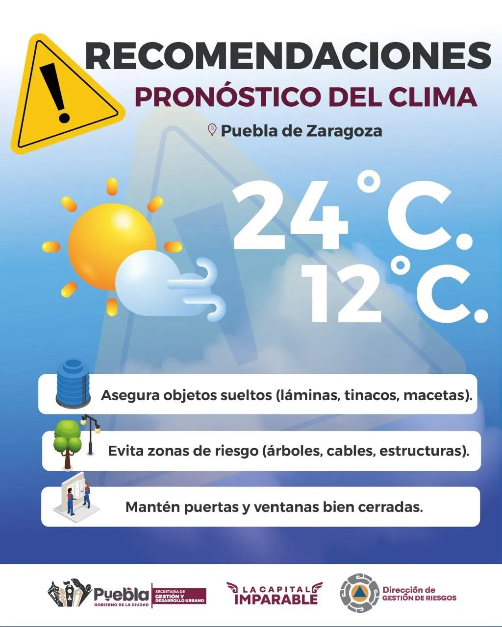 Exhorta Ayuntamiento a la población a tomar precauciones por rachas de viento en la capital