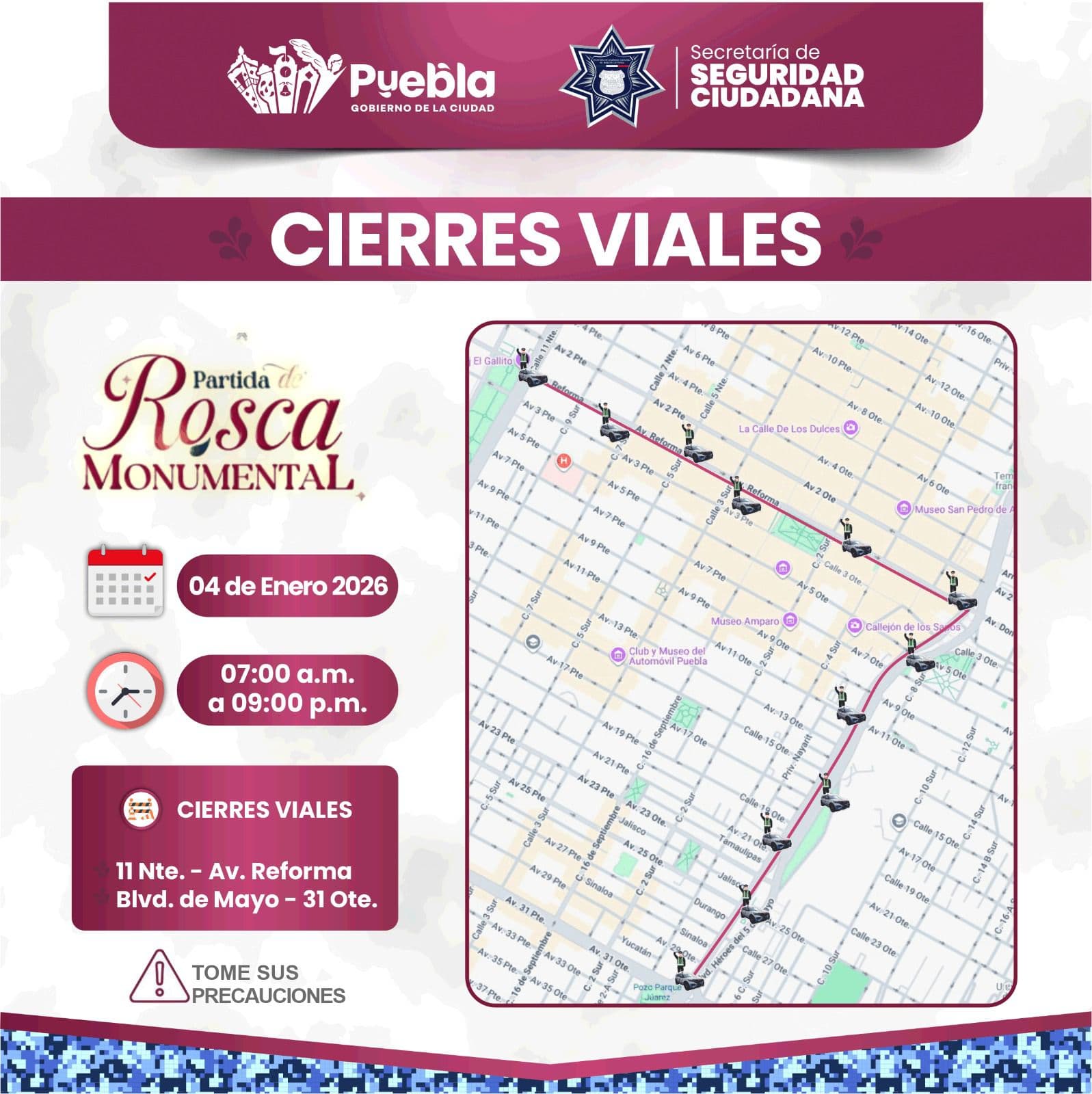 Habrá cierres viales este 4 de enero por la Rosca de Reyes Monumental en Puebla