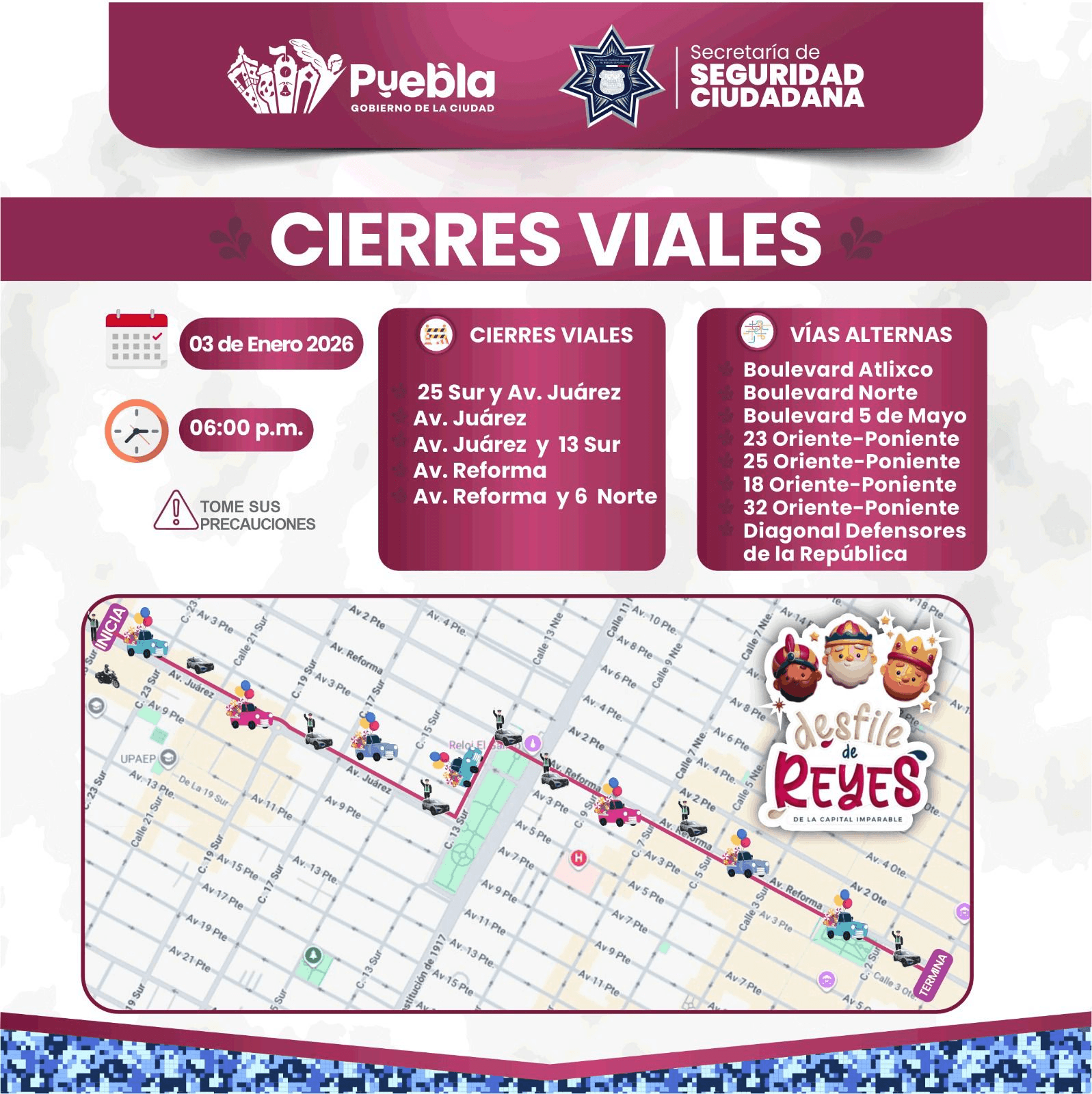Toma precauciones: Desfile de Reyes generará cierres viales en el Centro de Puebla
